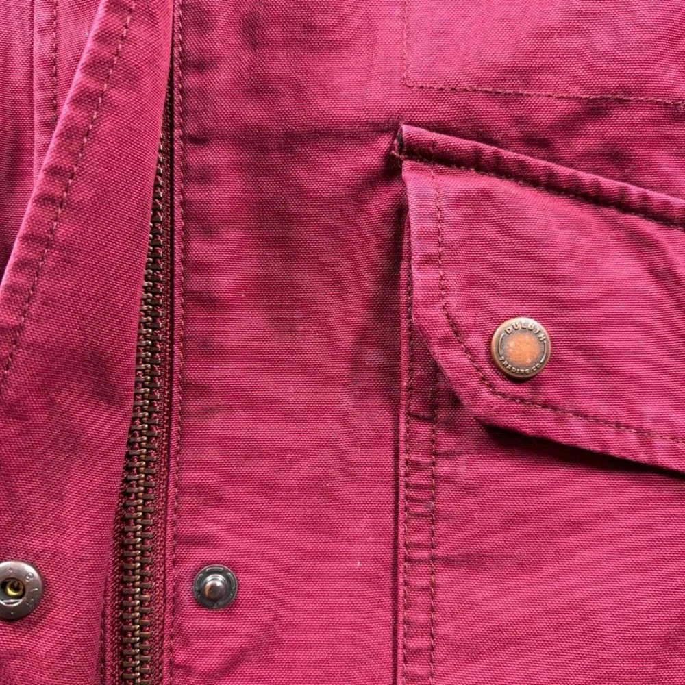 Duluth Trading Co Can-Do Canvas Coat‎ Womens Small Maroon Red Flannel Lined Hood